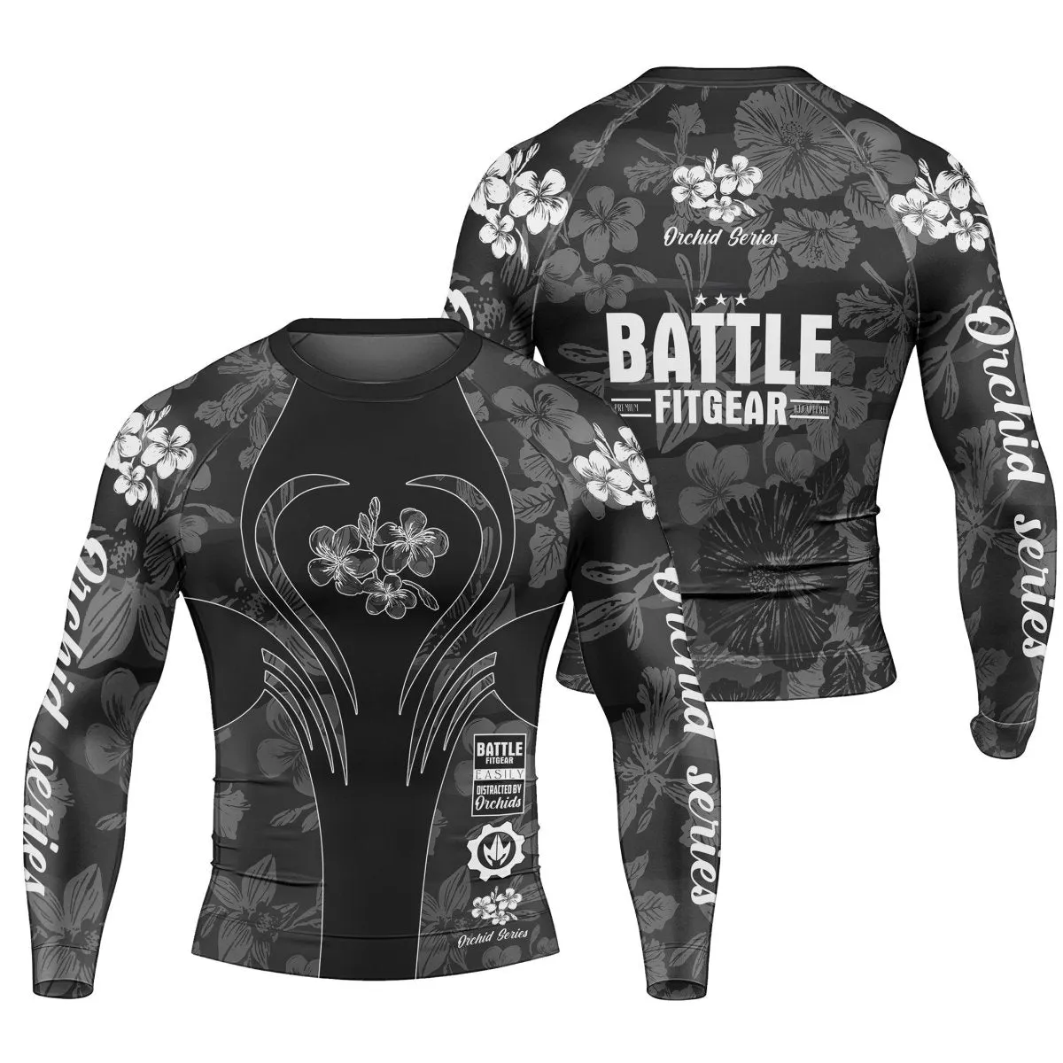 Orchid Series Floral Black Heart Pattern Men's Long Sleeve Rash Guard