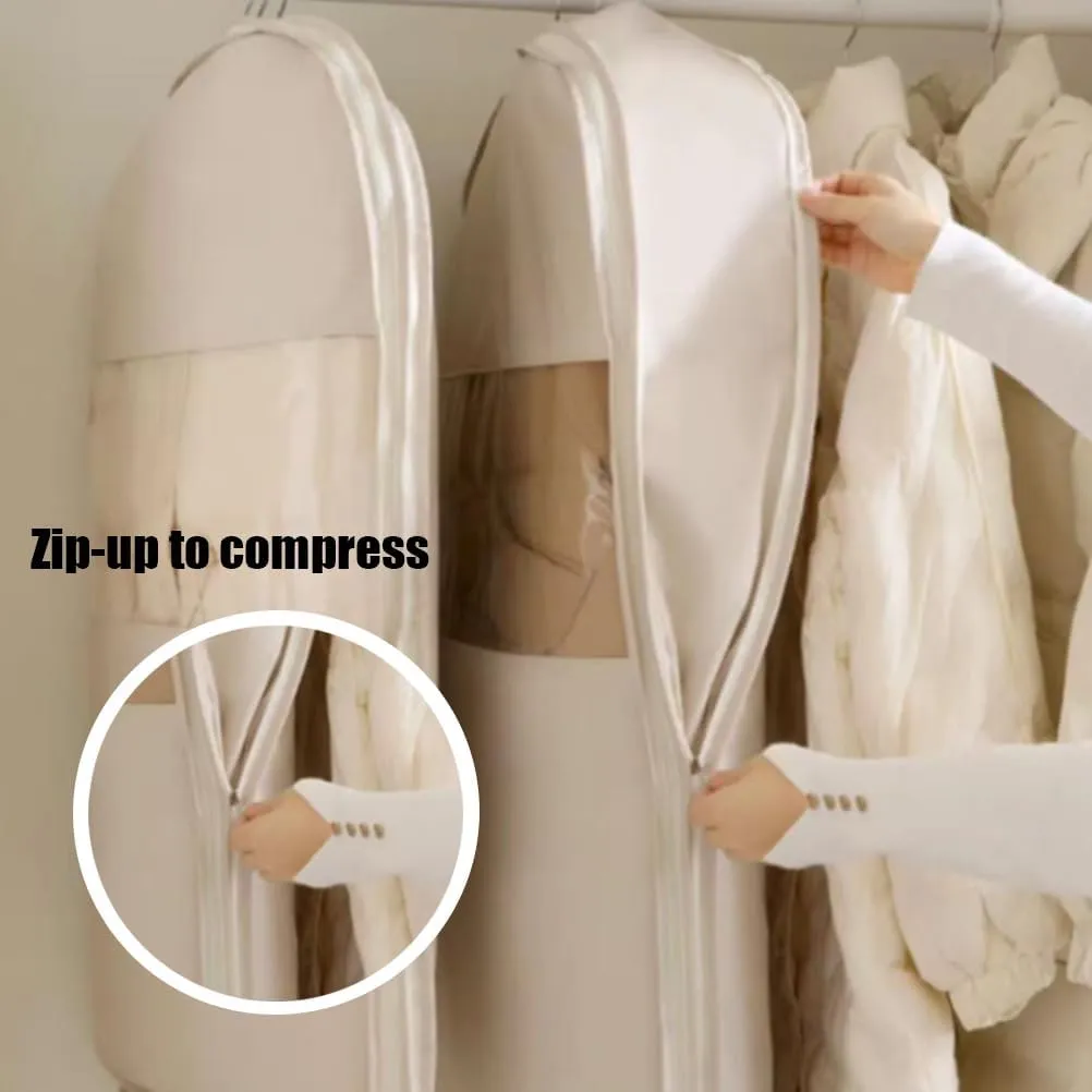 Othervisie,Space Saving Hanging Garment Bag with Self Compression Zipper,Space Saver Closet Organizers,Dust Cover Clothes Bags for Down Coat (WHITE, M)