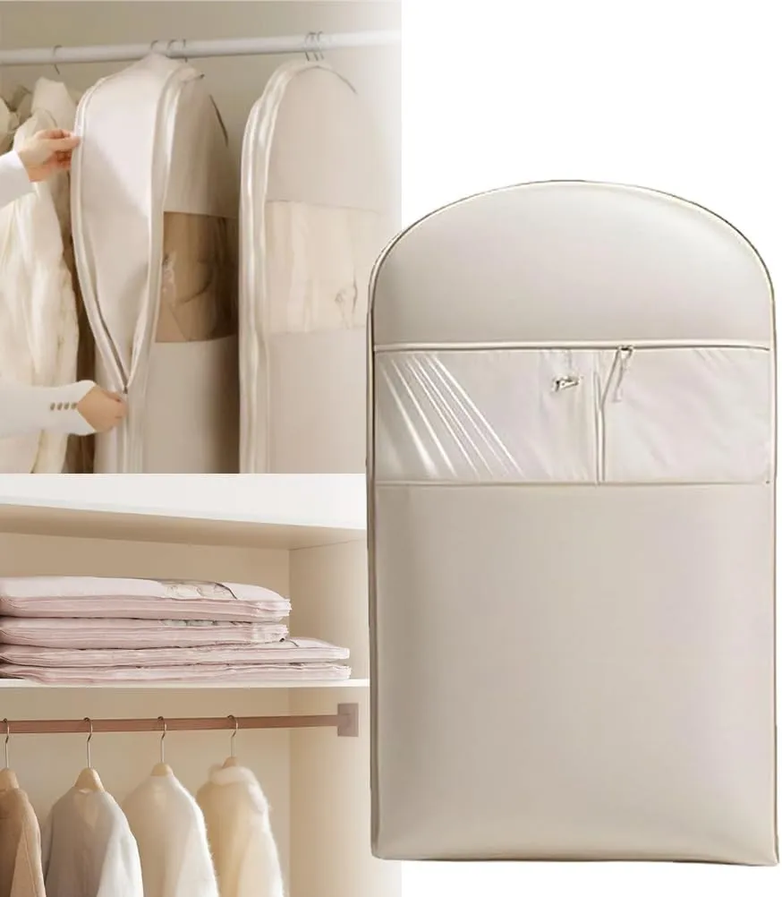 Othervisie,Space Saving Hanging Garment Bag with Self Compression Zipper,Space Saver Closet Organizers,Dust Cover Clothes Bags for Down Coat (WHITE, M)