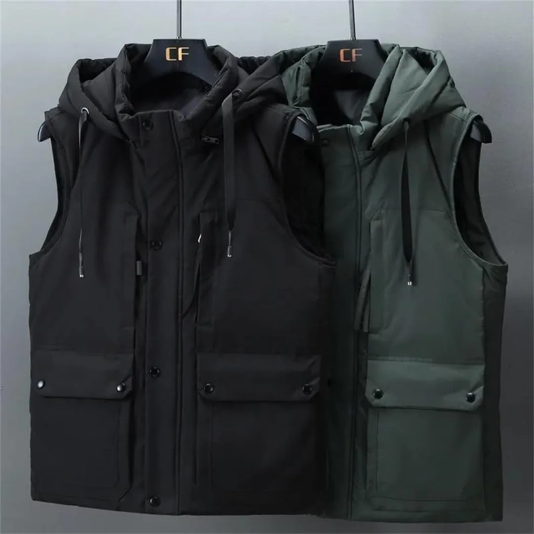 Plus Size Men's Sleeveless Jacket Autumn Winter Casual Cotton Padded Vest Hooded Thicken Warm Waistcoat