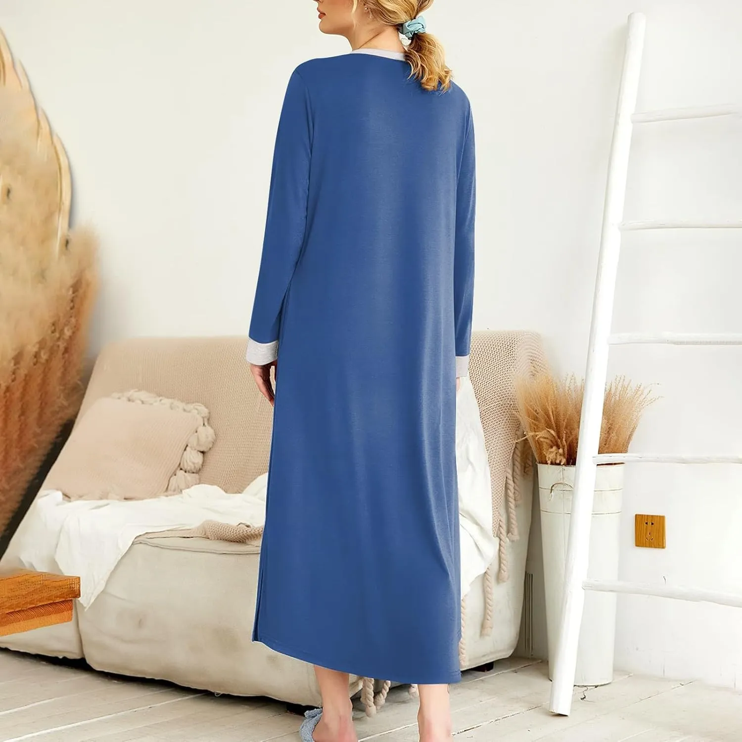 Plus Size Nightgowns for Women Soft Cotton Long Sleeve Midi Sleep Shirts Loose Fit Button Pajama Dress Sleepwear