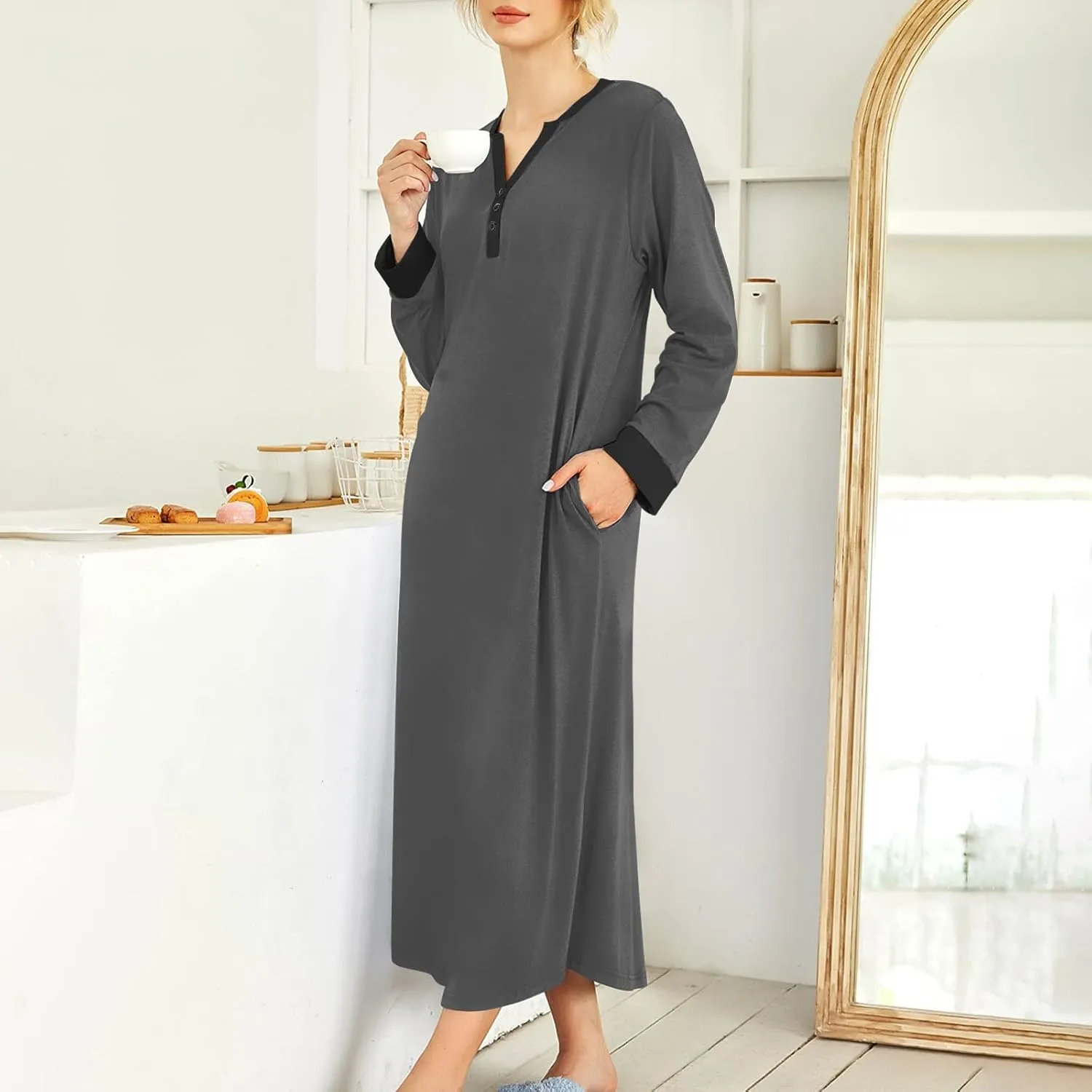 Plus Size Nightgowns for Women Soft Cotton Long Sleeve Midi Sleep Shirts Loose Fit Button Pajama Dress Sleepwear