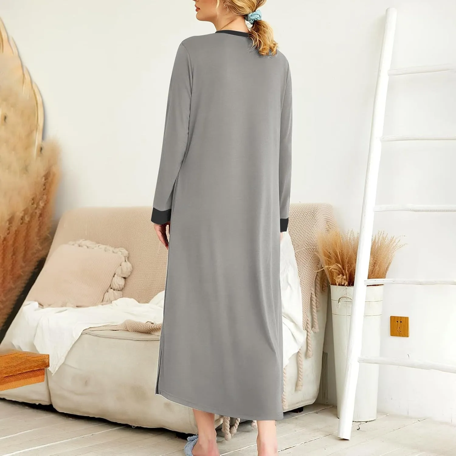 Plus Size Nightgowns for Women Soft Cotton Long Sleeve Midi Sleep Shirts Loose Fit Button Pajama Dress Sleepwear