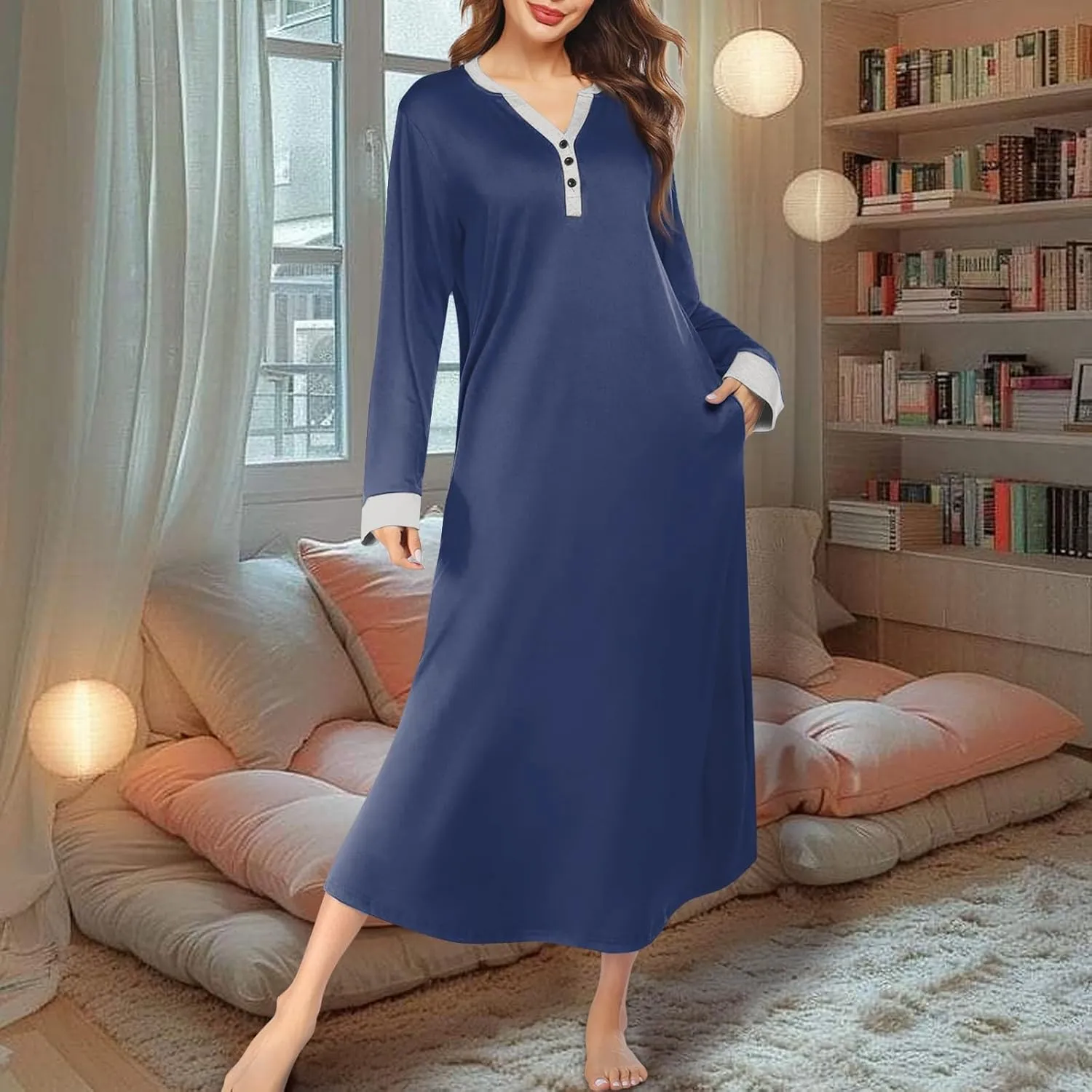 Plus Size Nightgowns for Women Soft Cotton Long Sleeve Midi Sleep Shirts Loose Fit Button Pajama Dress Sleepwear