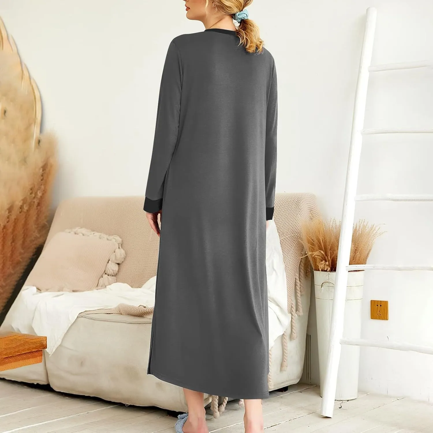 Plus Size Nightgowns for Women Soft Cotton Long Sleeve Midi Sleep Shirts Loose Fit Button Pajama Dress Sleepwear
