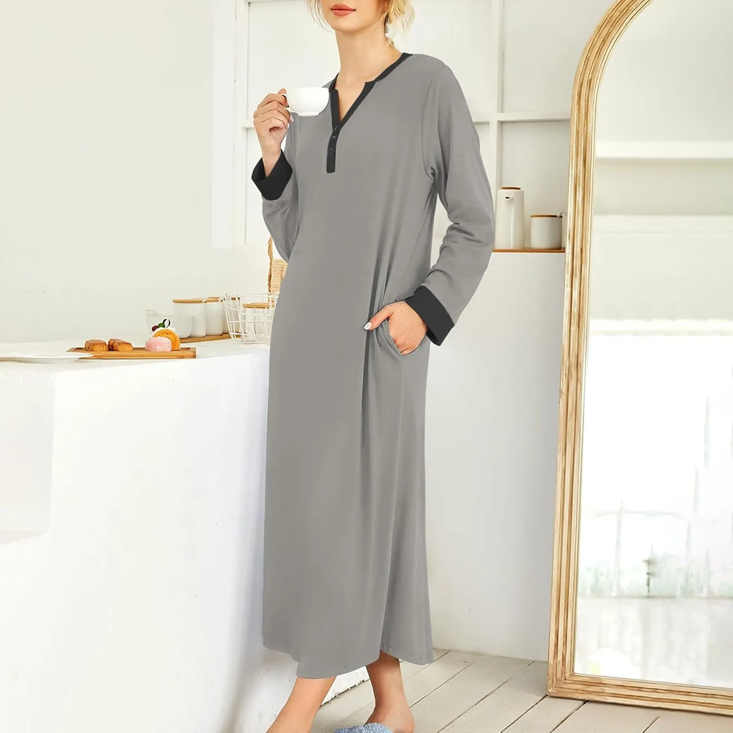 Plus Size Nightgowns for Women Soft Cotton Long Sleeve Midi Sleep Shirts Loose Fit Button Pajama Dress Sleepwear