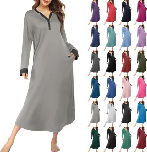 Plus Size Nightgowns for Women Soft Cotton Long Sleeve Midi Sleep Shirts Loose Fit Button Pajama Dress Sleepwear