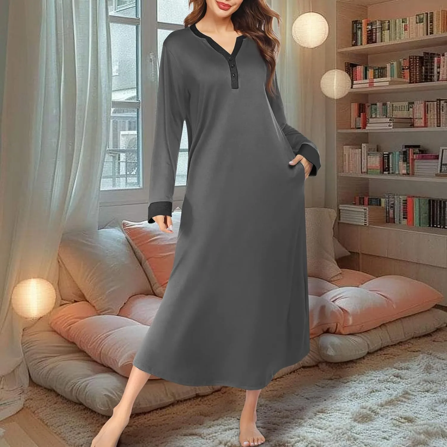 Plus Size Nightgowns for Women Soft Cotton Long Sleeve Midi Sleep Shirts Loose Fit Button Pajama Dress Sleepwear