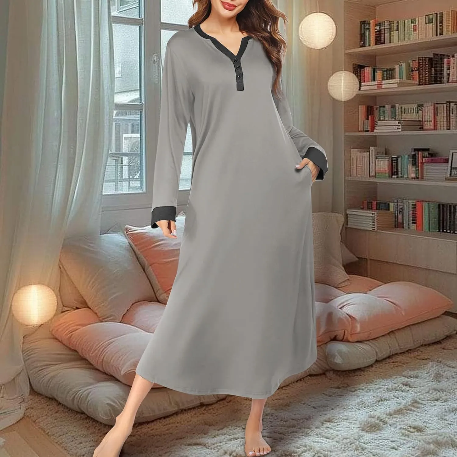Plus Size Nightgowns for Women Soft Cotton Long Sleeve Midi Sleep Shirts Loose Fit Button Pajama Dress Sleepwear
