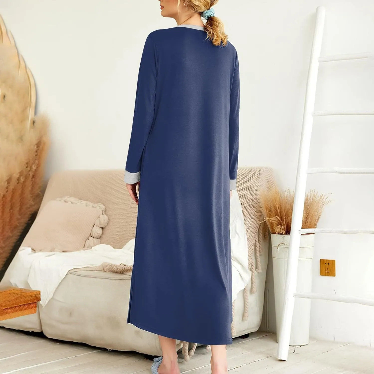 Plus Size Nightgowns for Women Soft Cotton Long Sleeve Midi Sleep Shirts Loose Fit Button Pajama Dress Sleepwear