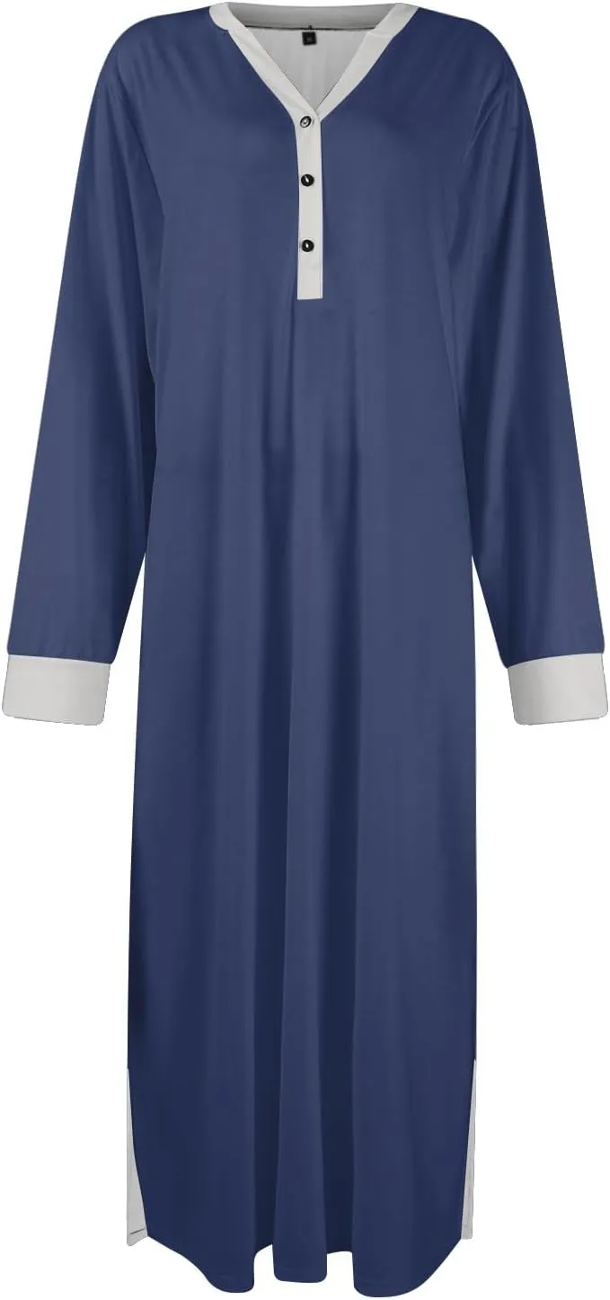 Plus Size Nightgowns for Women Soft Cotton Long Sleeve Midi Sleep Shirts Loose Fit Button Pajama Dress Sleepwear