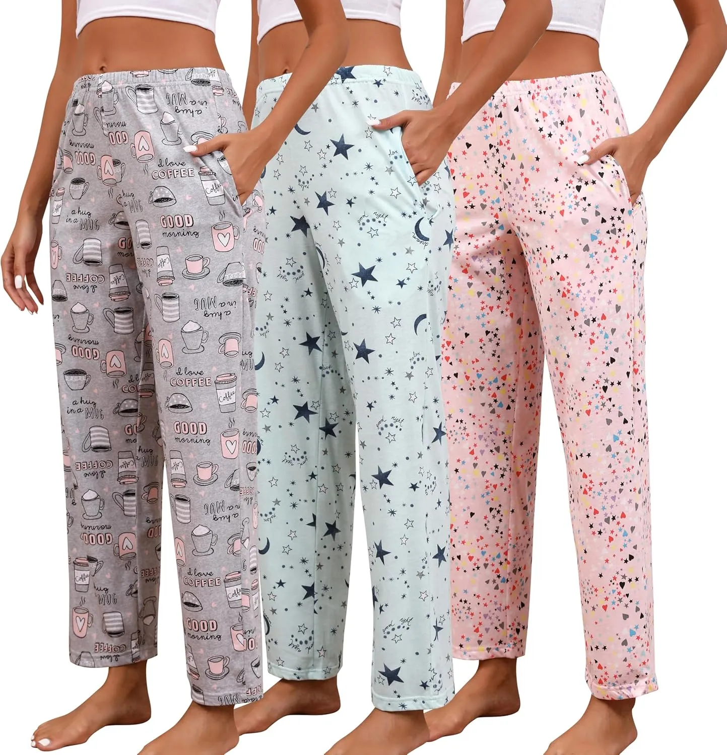 PNAEONG Pajama Pants Women 3 Pack Soft Cotton Lounge Pants Comfy Casual Pajama Bottoms with Elastic Waistband & Pockets