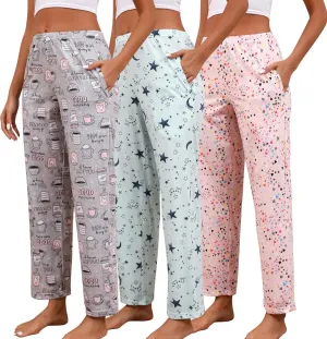 PNAEONG Pajama Pants Women 3 Pack Soft Cotton Lounge Pants Comfy Casual Pajama Bottoms with Elastic Waistband & Pockets