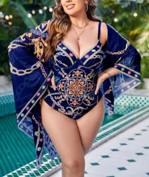 Printed Baroque Floral Sweetheart Spaghetti Strap Vintage One-piece Plus Size Swimsuit Cover Up