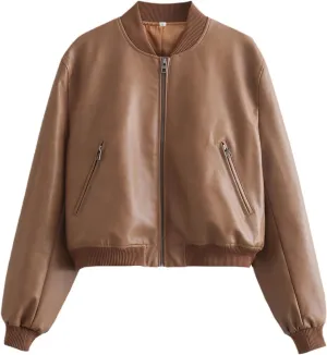 PU Leather Bomber Jackets For Women Vintage Stand Collar With Zipper Short Coat Long Sleeve Outerwear