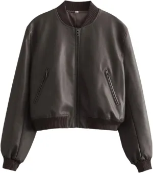 PU Leather Bomber Jackets For Women Vintage Stand Collar With Zipper Short Coat Long Sleeve Outerwear