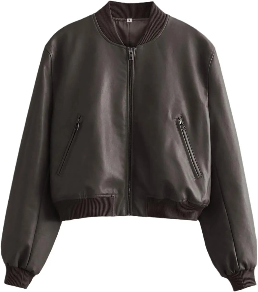 PU Leather Bomber Jackets For Women Vintage Stand Collar With Zipper Short Coat Long Sleeve Outerwear