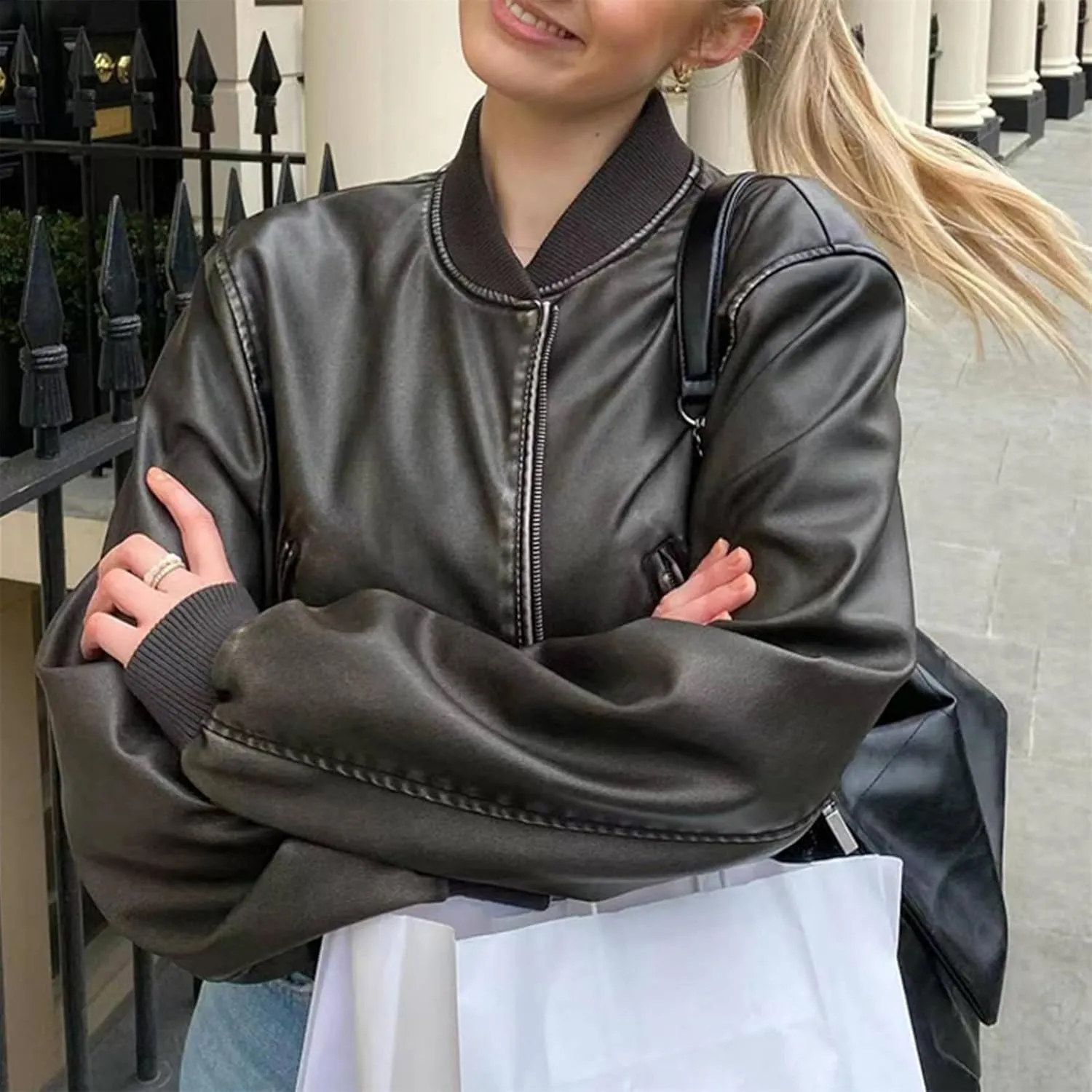 PU Leather Bomber Jackets For Women Vintage Stand Collar With Zipper Short Coat Long Sleeve Outerwear