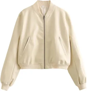 PU Leather Bomber Jackets For Women Vintage Stand Collar With Zipper Short Coat Long Sleeve Outerwear