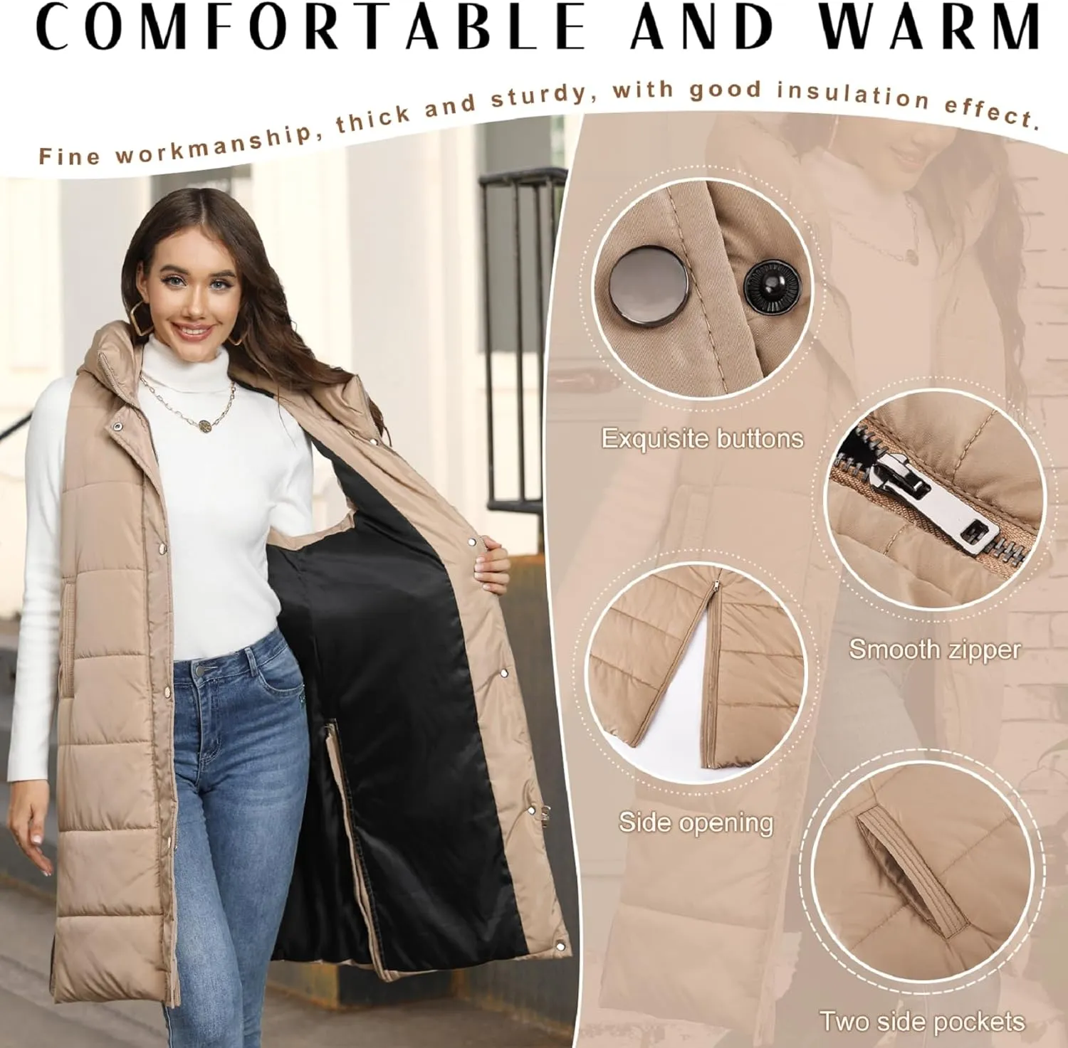 Puffer Vest for Women Long Down Hooded Vest Womens Sleeveless Zip Up Jacket Winter Thick Coats with Pockets