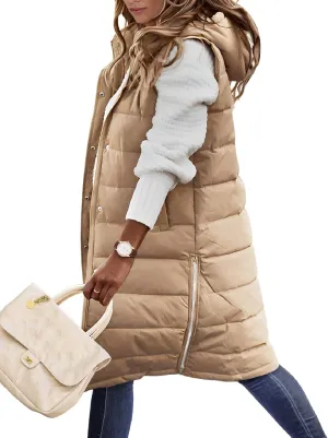 Puffer Vest for Women Long Down Hooded Vest Womens Sleeveless Zip Up Jacket Winter Thick Coats with Pockets