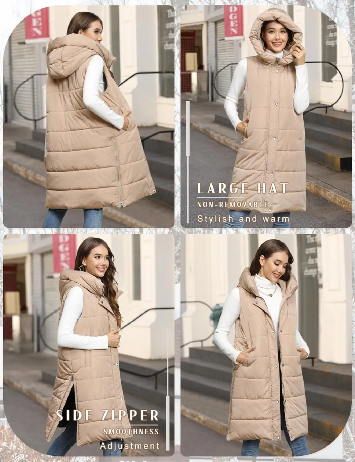 Puffer Vest for Women Long Down Hooded Vest Womens Sleeveless Zip Up Jacket Winter Thick Coats with Pockets