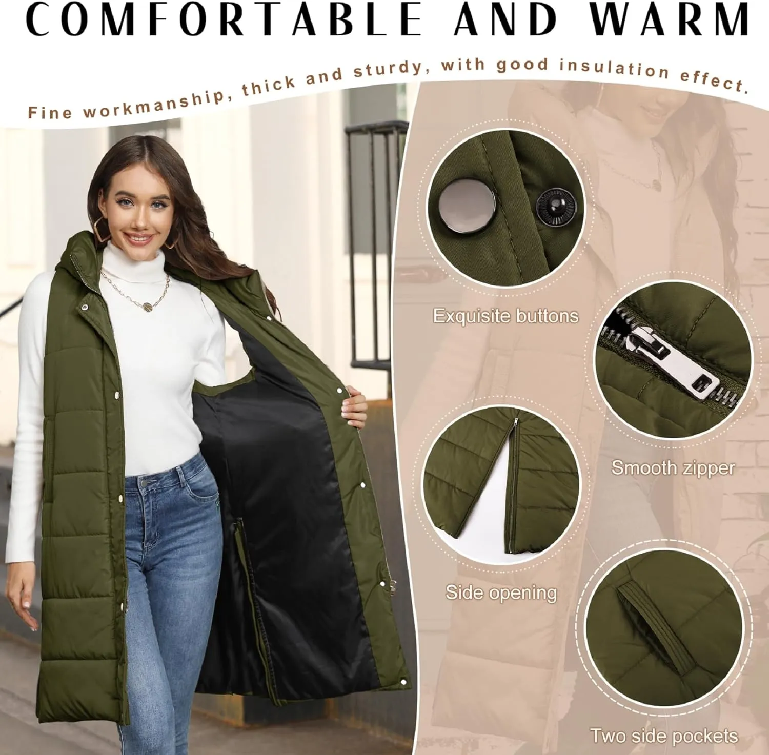 Puffer Vest for Women Long Down Hooded Vest Womens Sleeveless Zip Up Jacket Winter Thick Coats with Pockets