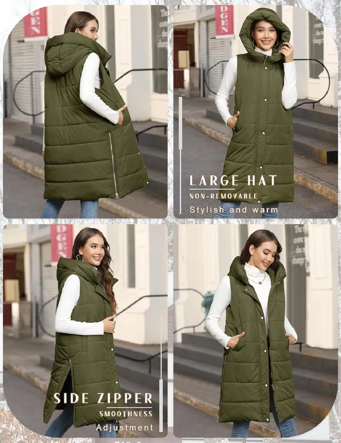 Puffer Vest for Women Long Down Hooded Vest Womens Sleeveless Zip Up Jacket Winter Thick Coats with Pockets