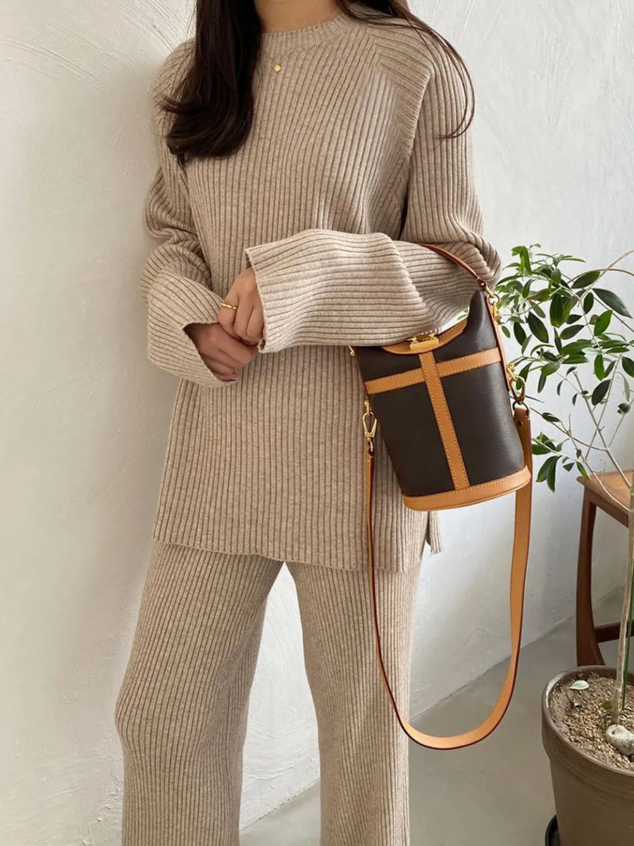 Pure Color Knitted Long Sleeve Casual Suit