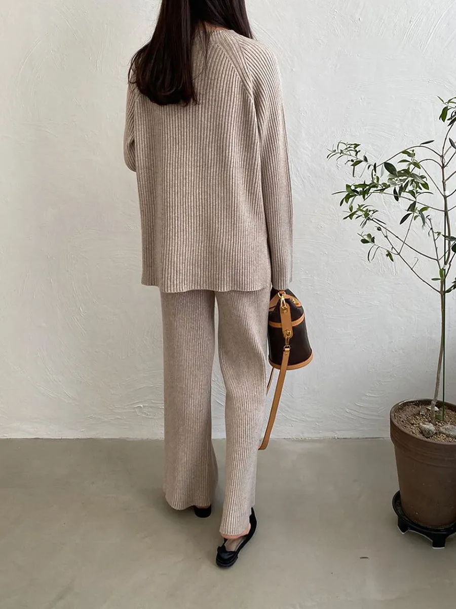 Pure Color Knitted Long Sleeve Casual Suit