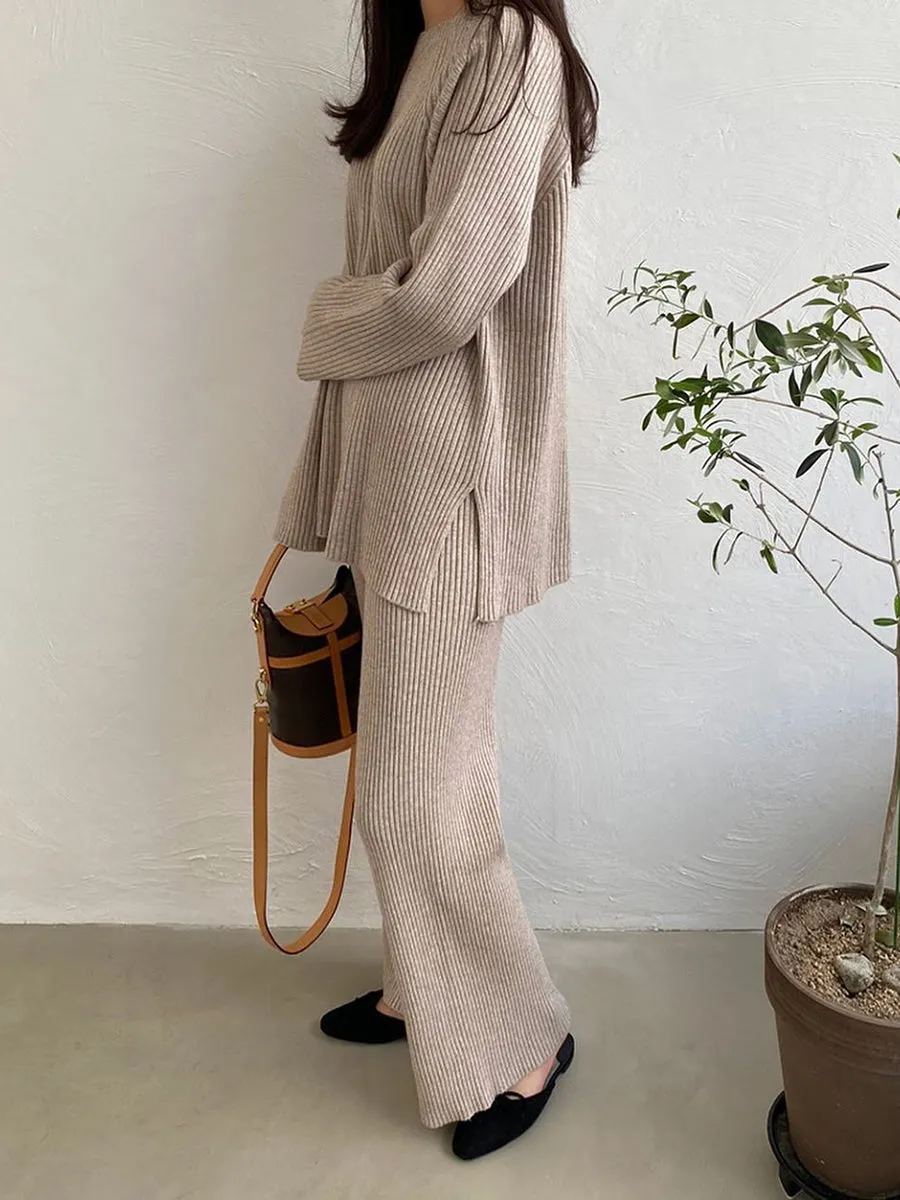 Pure Color Knitted Long Sleeve Casual Suit