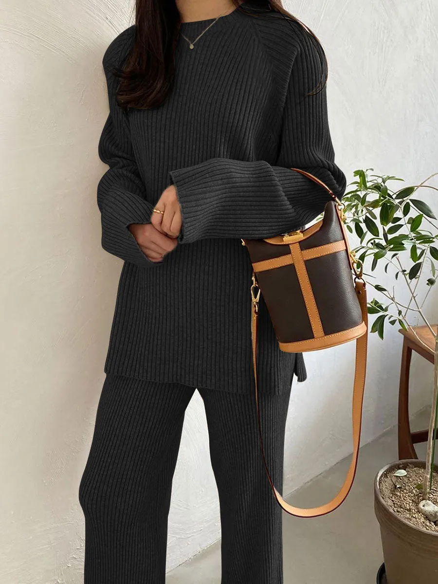 Pure Color Knitted Long Sleeve Casual Suit