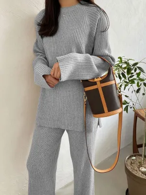 Pure Color Knitted Long Sleeve Casual Suit