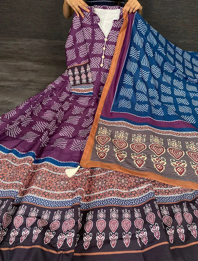 Purple Color Digital Printed Vaishali Silk Gown With Muslin Silk Dupatta