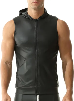QiaTi Men's Faux Leather Vest Undershirt Mens Sleeveless Tank Top Zipper Stand Collar Shirt Muscle Waistcoats Fit Athletic