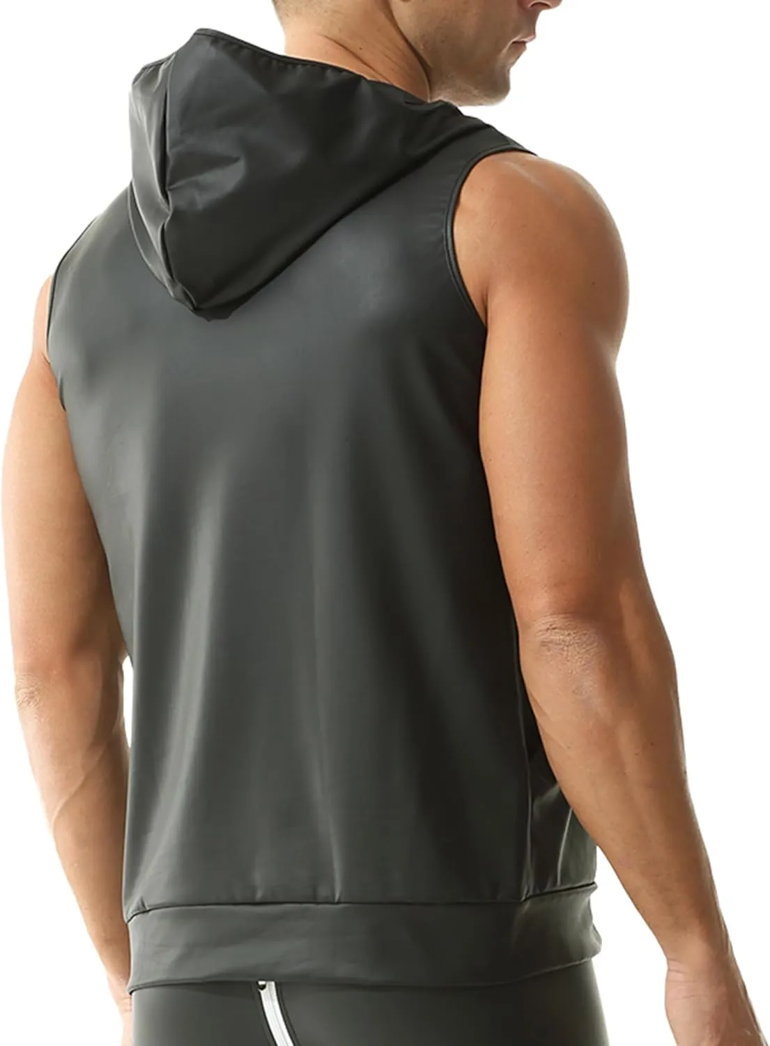QiaTi Men's Faux Leather Vest Undershirt Mens Sleeveless Tank Top Zipper Stand Collar Shirt Muscle Waistcoats Fit Athletic