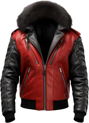 Red & Black Men's Leather Jacket with Detachable Faux Fur Hood - Elevate Your Style with Trendsetting Elegance!