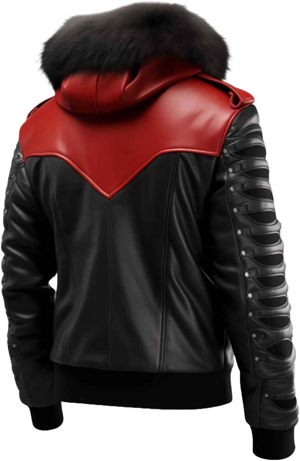Red & Black Men's Leather Jacket with Detachable Faux Fur Hood - Elevate Your Style with Trendsetting Elegance!