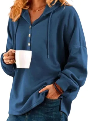 Resemblancet Vintage Solid Color Long Sleeve Buttoned Sweatshirt, Womens Oversized Hoodie, Soft Cotton Fleece Crewneck-Blue||4XL