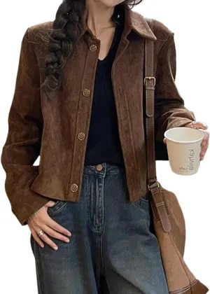 RICHTRUE Suede Bomber Jacket Y2k Faux Leather Outerwear Cropped Jacket Women Brown Jacket Fall Outfit 2024