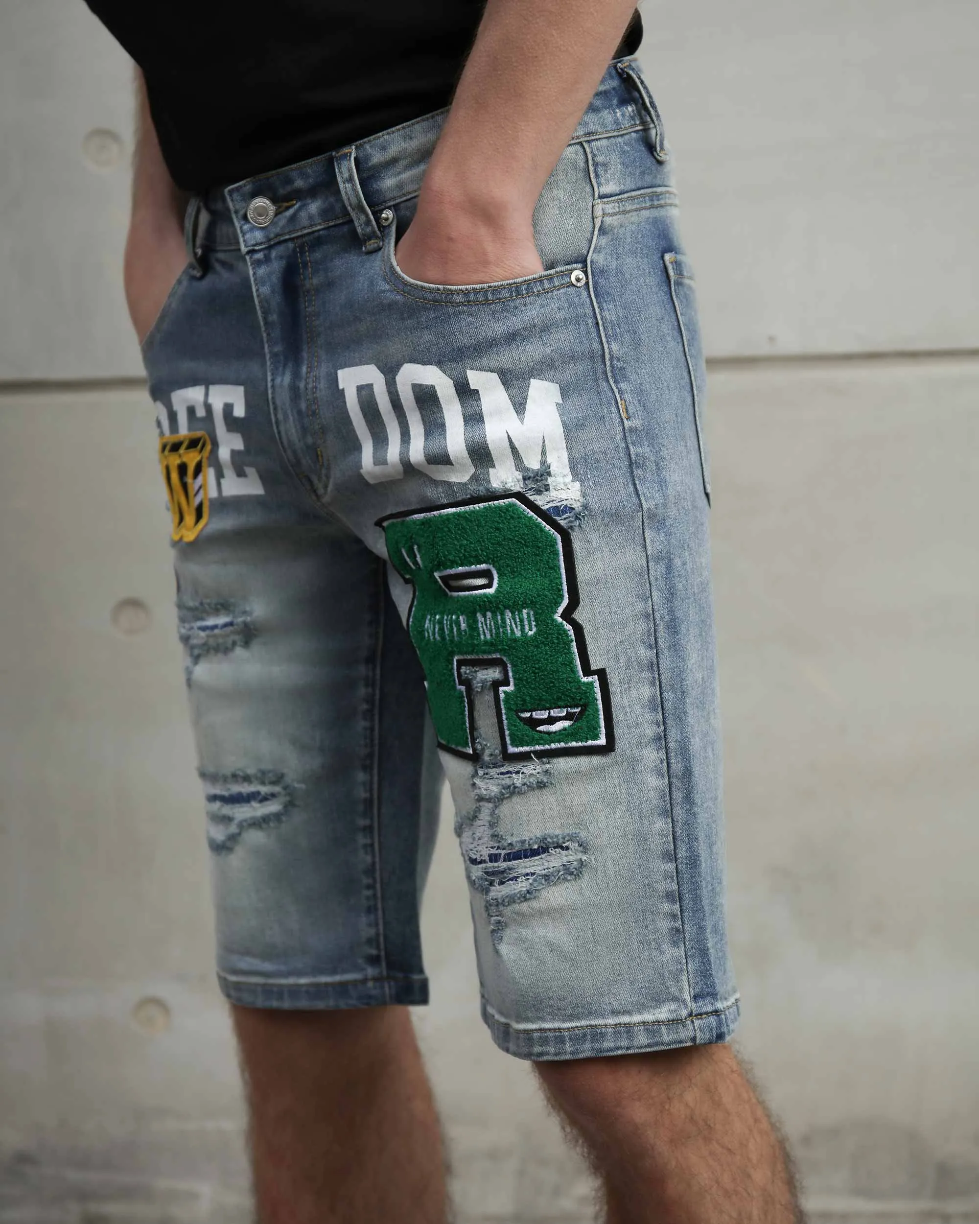 Ripped & Repaired Blue Denim Shorts with Embroidery-Mexico Local Delivery