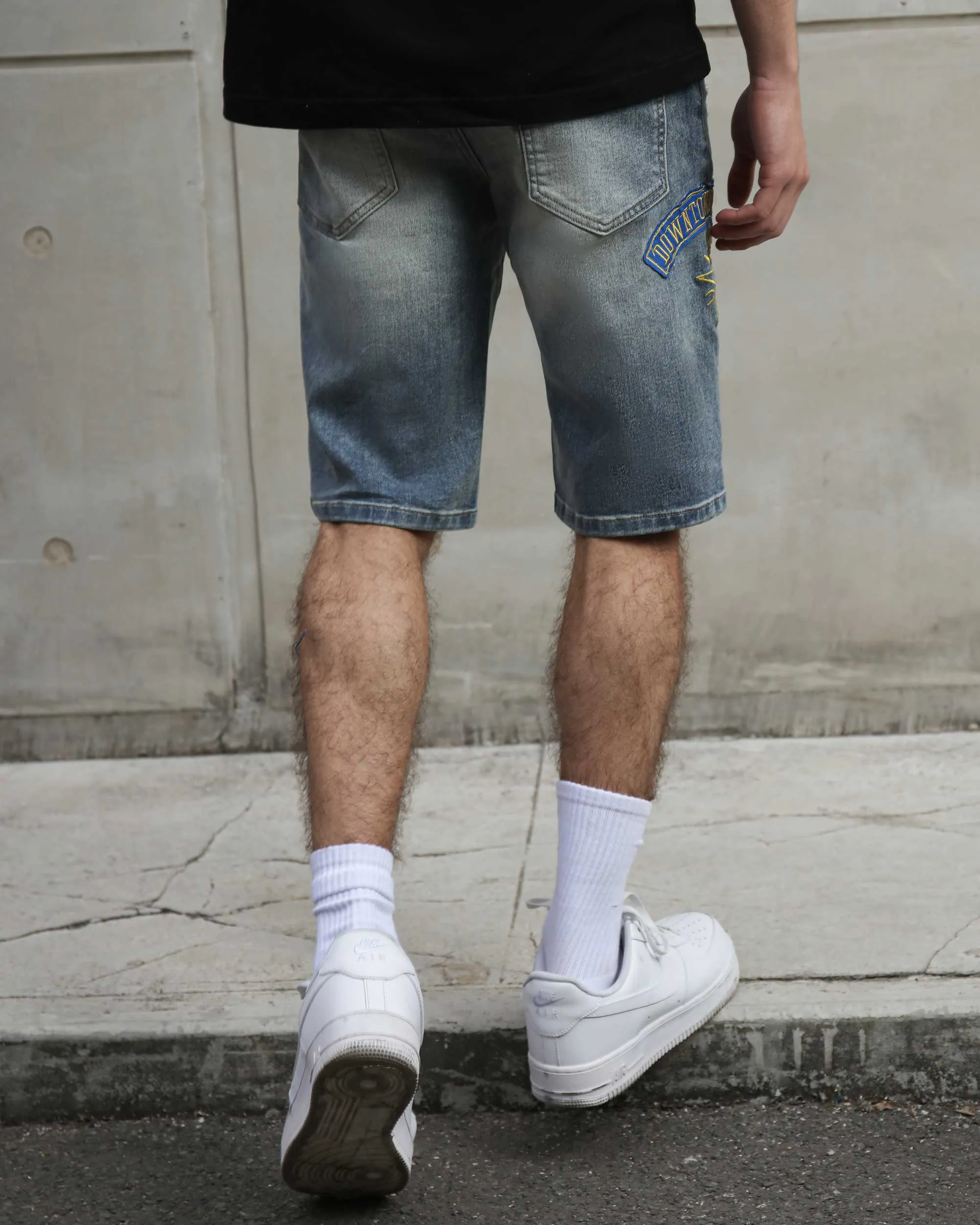 Ripped & Repaired Blue Denim Shorts with Embroidery-Mexico Local Delivery