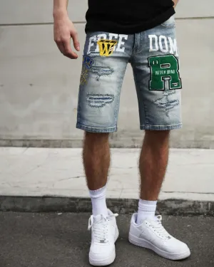 Ripped & Repaired Blue Denim Shorts with Embroidery-Mexico Local Delivery