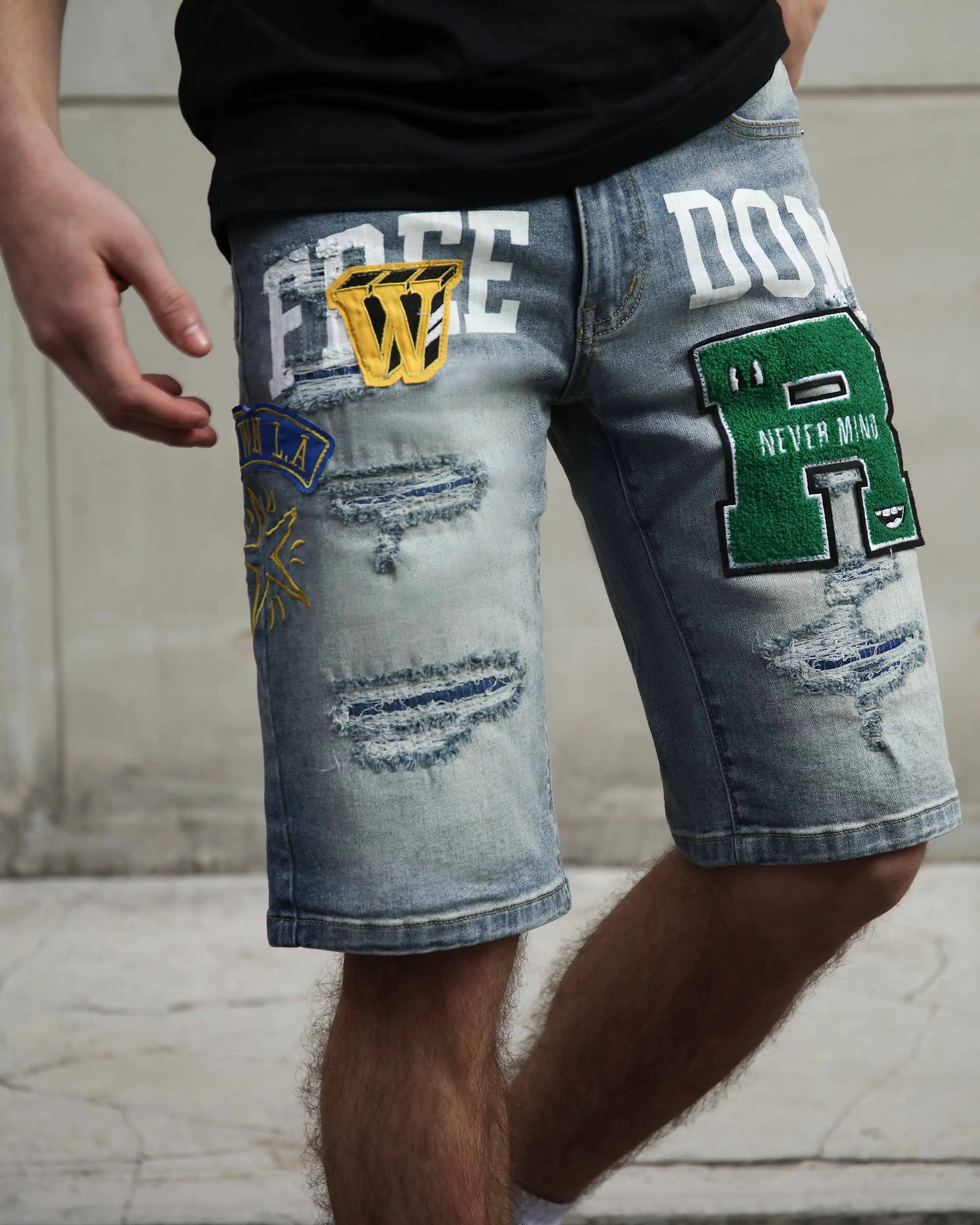 Ripped & Repaired Blue Denim Shorts with Embroidery-Mexico Local Delivery