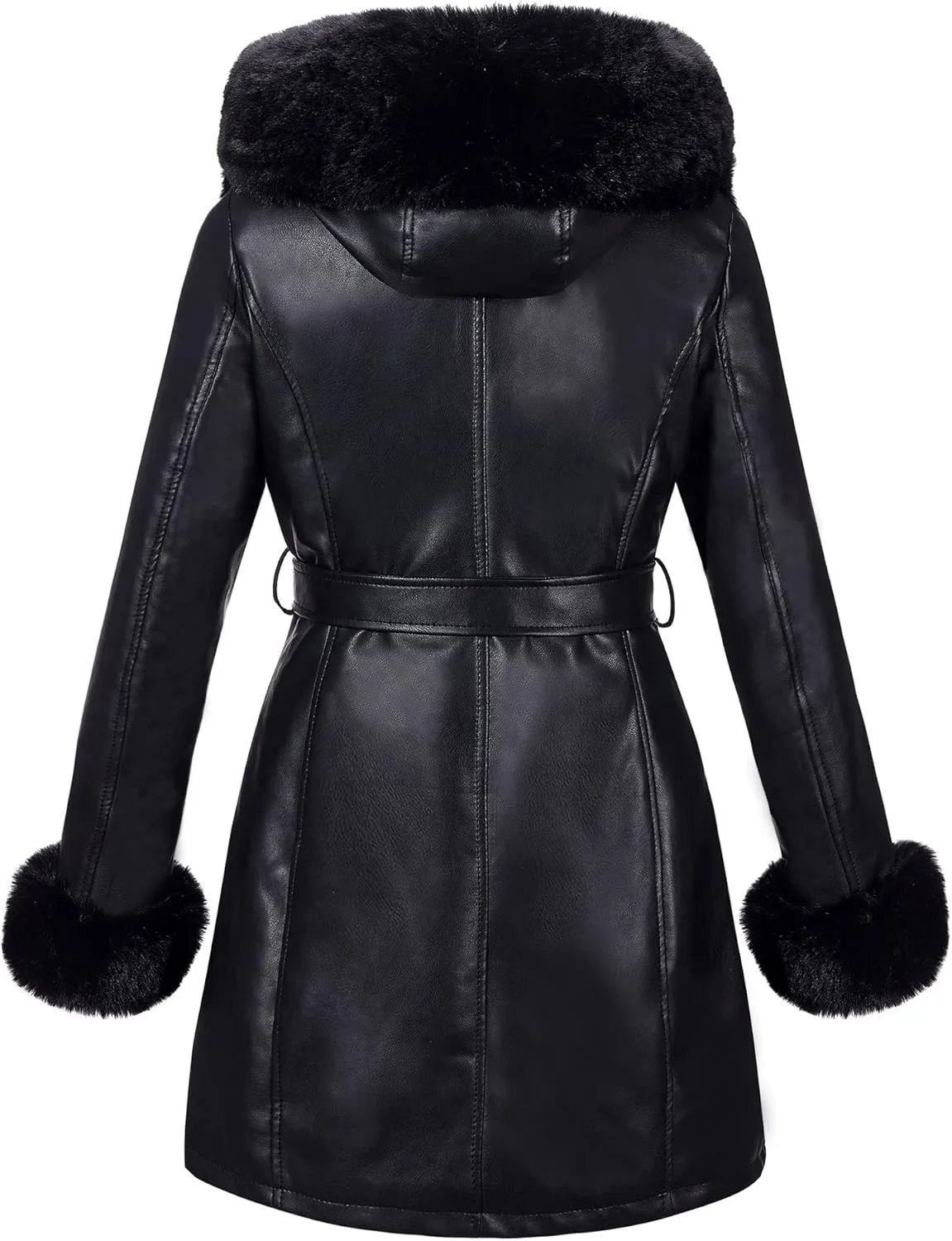 RISISSIDA Faux Leather Fur Lined Jacket Women Winter Coat with Hood and Fur Collar,Thicken Warm Heavy Overcoat Belted