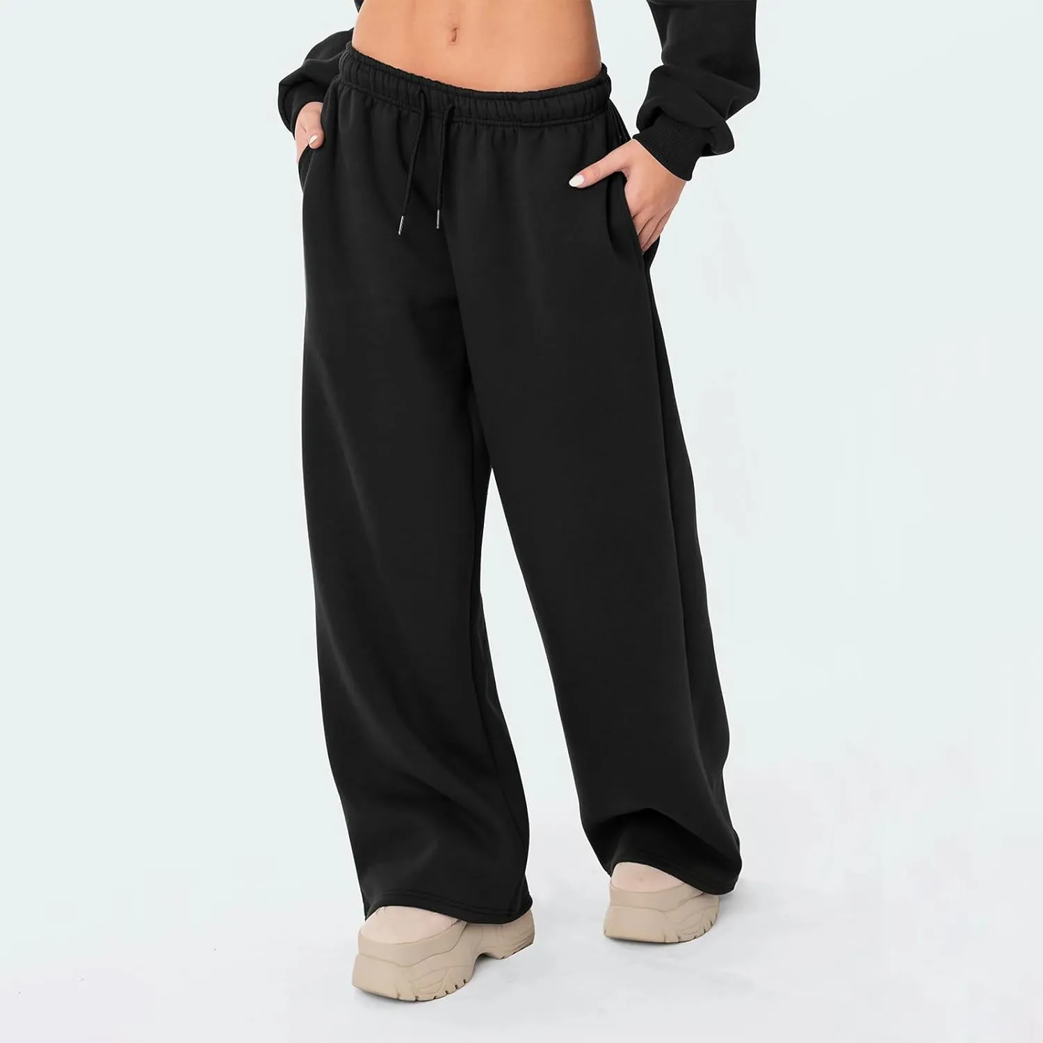 RUEWEY Women's Baggy Sweatpants Solid Color Drawstring High Waist Wide Leg Trousers Athletic Joggers Lounge Pants
