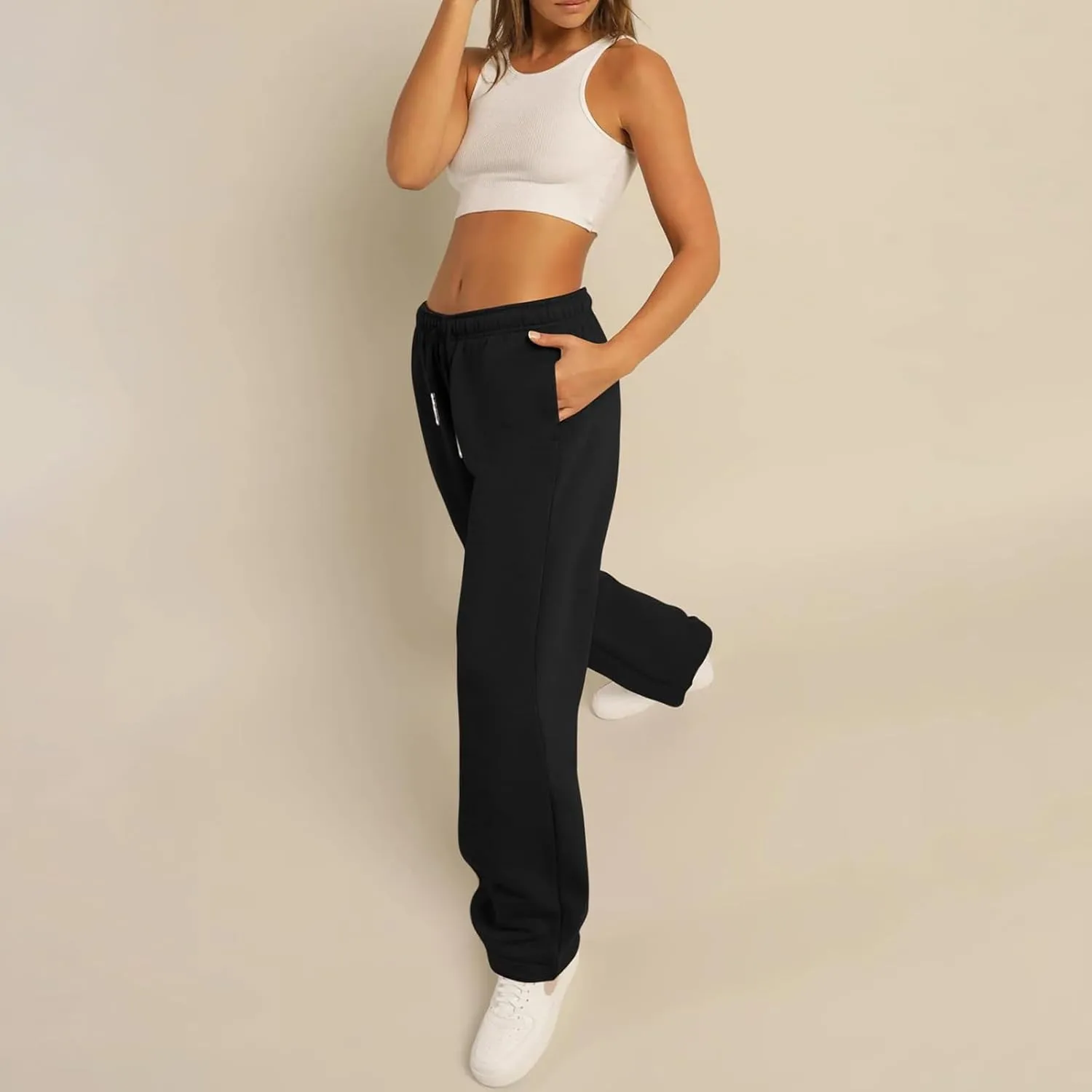 RUEWEY Women's Baggy Sweatpants Solid Color Drawstring High Waist Wide Leg Trousers Athletic Joggers Lounge Pants