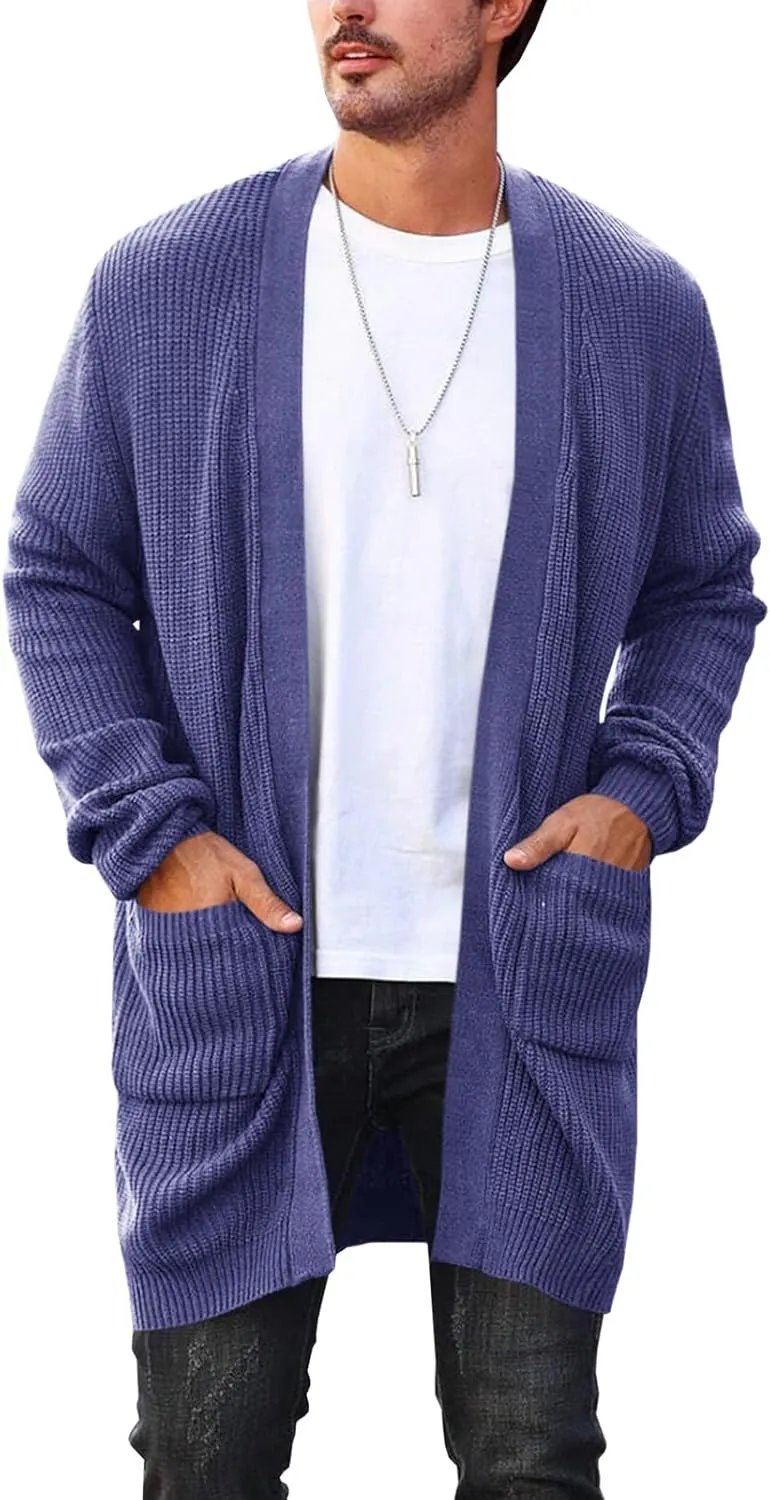 Runcati Mens Cardigan Sweater Casual Cable Knit V Neck Open Front Ribbed Long Winter Sweaters