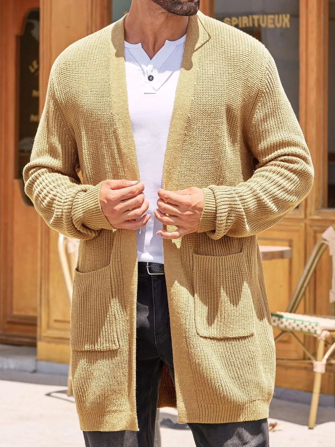 Runcati Mens Cardigan Sweater Casual Cable Knit V Neck Open Front Ribbed Long Winter Sweaters