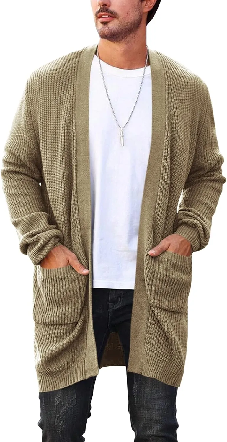 Runcati Mens Cardigan Sweater Casual Cable Knit V Neck Open Front Ribbed Long Winter Sweaters